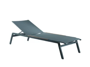 Lit bain de soleil FERRARI – Alu charcoal textilène gris foncé roues accoudoir teck
