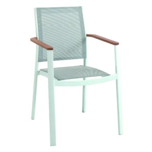 Chaise empilable BRISBANE – Alu lin textilène sable accoudoir teck