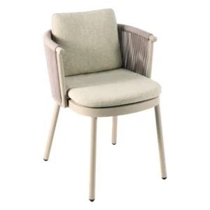 Salon de jardin MENDOZA – Fauteuil alu sable, corde beige, coussin woolacombe beige