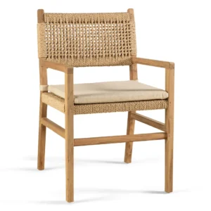 Salon de jardin MENDOZA – Canapé 3 places alu sable, corde beige, coussin woolacombe beige