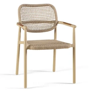 Chaise MIDLETON – Alu sable, corde beige, accoudoirs teck avec coussin