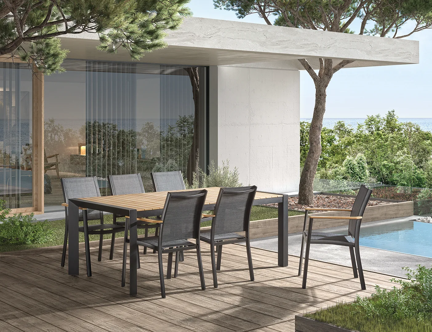 Table rectangulaire BRAGA – Alu noir ou blanc, plateau en teck 100x202 – Image 2