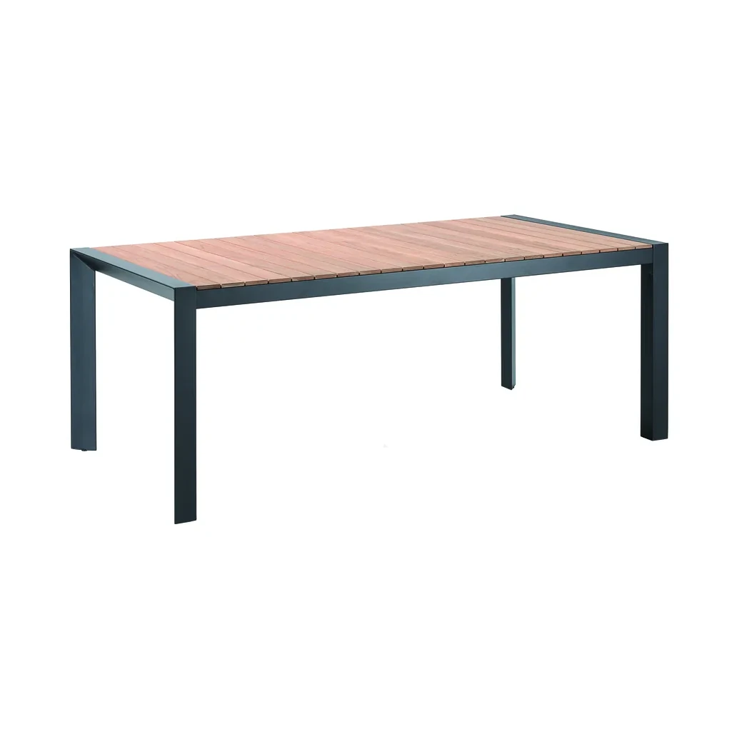 Table rectangulaire BRAGA – Alu noir ou blanc, plateau en teck 100x202